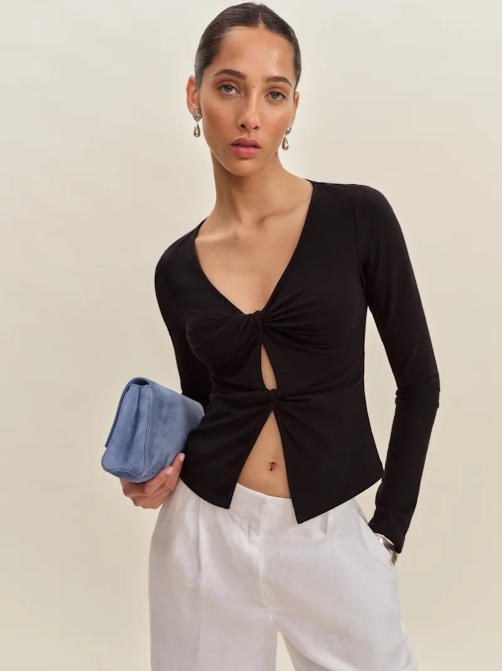 Reformation Top Made in USA Size M Black Ruched Twist Front Long Sleeve Cotton